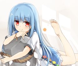 Rule 34 | 1girl, barefoot, blue hair, bracelet, feet, hinanawi tenshi, jewelry, long hair, looking at viewer, lying, no headwear, on stomach, red eyes, rock, rope, shimenawa, shirt, short sleeves, skirt, smile, soles, solo, the pose, toes, touhou, very long hair, yuuhagi (amaretto-no-natsu)