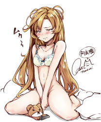 Rule 34 | 10s, 1girl, abukuma (kancolle), alternate hairstyle, artist name, bare legs, bare shoulders, blonde hair, blush, bottomless, bra, breasts, cleavage, clothes iron, collarbone, closed eyes, iron (metal), kantai collection, lingerie, long hair, messy hair, navel, no panties, rizzl, signature, sitting, small breasts, solo, stuffed animal, stuffed toy, tears, teddy bear, underwear, underwear only, very long hair, wariza, white bra