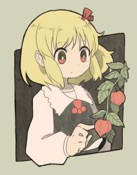 Rule 34 | 1girl, bad id, bad pixiv id, black vest, blonde hair, bright pupils, closed mouth, flower, hair ornament, highres, leaf, long sleeves, red eyes, red neckwear, rose, rumia, sasa kichi, short hair, solo, touhou, traditional media, upper body, vest