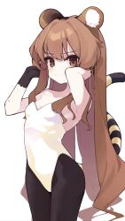 Rule 34 | 1girl, absurdres, aisaka taiga, animal ear fluff, animal ears, black gloves, black pantyhose, blush, breasts, brown eyes, brown hair, closed mouth, gloves, hands up, highres, leotard, loah 66, long hair, looking at viewer, pantyhose, simple background, small breasts, solo, standing, tail, tiger ears, tiger tail, toradora!, very long hair, white background, white leotard