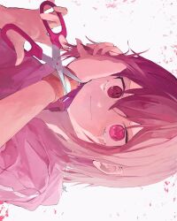 Rule 34 | 1girl, arm up, bob cut, closed mouth, commentary request, crying, cutting hair, cutting own hair, hair between eyes, hand up, highres, holding, holding own hair, holding scissors, jacket, looking at viewer, medium hair, partial commentary, pink eyes, pink hair, pink theme, pinosan, portrait, purple jacket, rock na kimi to wa owakare da, scissors, sideways, signature, simple background, solo, streaming tears, tears, track jacket, tuyu (band), white background, wristband