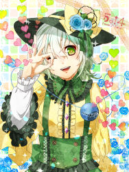 Rule 34 | 1girl, blue flower, blue rose, bow, buttons, embellished costume, female focus, flower, green eyes, green hair, hat, hat bow, heart, heart-shaped pupils, heart of string, highres, komeiji koishi, looking at viewer, matching hair/eyes, mise yuzuki, ok sign, one eye closed, rose, short hair, smile, solo, sparkle, symbol-shaped pupils, third eye, thorns, touhou, upper body, wink
