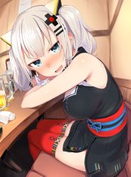 Rule 34 | 1girl, alcohol, bare arms, bare shoulders, beer, beer mug, black dress, blue eyes, breasts, chopsticks, commentary request, cup, dress, drunk, fang, from side, greatmosu, hair ornament, hairclip, highres, indoors, kaguya luna, large breasts, looking at viewer, mug, obi, open mouth, red thighhighs, sash, short dress, silver hair, sleeveless, sleeveless dress, smile, solo, table, the moon studio, thighhighs, turtleneck, twintails, virtual youtuber, wristband, x hair ornament