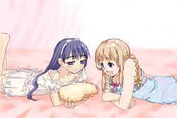 Rule 34 | 2girls, :d, bare shoulders, blonde hair, blue dress, blush, bow, braid, collarbone, dress, hair bow, hanamo, heart, heart-shaped pillow, long sleeves, looking at another, lying, multiple girls, on stomach, open mouth, original, pajamas, pillow, purple eyes, short hair, short sleeves, single braid, sleeveless, sleeveless dress, smile, white dress