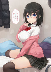 Rule 34 | 1girl, azuki yui, bed sheet, black hair, black jacket, black thighhighs, blue eyes, blush, bralines, breasts, cardigan, collared shirt, commentary request, dress shirt, finger to mouth, green skirt, hair between eyes, hair ornament, hairclip, hand up, indoors, jacket, large breasts, long sleeves, looking to the side, off shoulder, on bed, open mouth, original, over-kneehighs, pillow, pink cardigan, plaid, plaid skirt, pleated skirt, school uniform, see-through, shirt, short hair, sitting, skirt, sleeves past wrists, solo, speech bubble, thighhighs, translated, white shirt