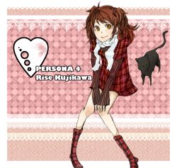 Rule 34 | 1girl, atlus, bad anatomy, brown eyes, cat, earrings, jewelry, kujikawa rise, persona, persona 4, poorly drawn, red hair, scarf, skirt, smile, solo, twintails