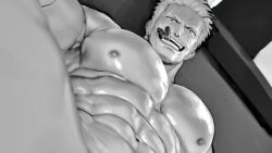 Rule 34 | 1boy, abs, bara, cigar, completely nude, fumio (snnmfmw), greyscale, large pectorals, looking at viewer, male focus, monochrome, muscular, muscular male, navel, nipples, nude, one piece, pectorals, short hair, smoker (one piece), solo, teeth, unfinished
