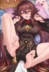 Rule 34 | 1girl, alternate breast size, barefoot, black coat, black shorts, blush, boo tao (genshin impact), breasts, brown hair, coat, coattails, feet, foot focus, foreshortening, genshin impact, highres, hu tao (genshin impact), kacyu, large breasts, legs, long hair, long sleeves, looking at viewer, lying, nail polish, on back, red eyes, shorts, slime (genshin impact), smile, soles, spread legs, spread toes, symbol-shaped pupils, thighs, toenail polish, toenails, toes, tongue, tongue out, twintails, very long hair
