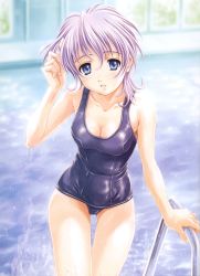 Rule 34 | 00s, 1girl, absurdres, adjusting hair, blue eyes, breasts, cleavage, head tilt, highres, indoors, large breasts, leni milchstrasse, looking at viewer, maruto!, one-piece swimsuit, parted lips, pool, pool ladder, poolside, purple hair, purple one-piece swimsuit, purple school swimsuit, sakura taisen, sakura taisen ii, school swimsuit, sega, shiny clothes, short hair, solo, swimsuit, thigh gap, wet, window
