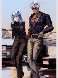 Rule 34 | 1boy, 1girl, belt, black pants, black sweater, blue hair, blunt bangs, car, cross, cross necklace, grey pants, hands on own hips, highres, jacket, jewelry, k&#039; (kof), kula diamond, looking at viewer, motor vehicle, necklace, open clothes, open jacket, outdoors, pants, purple jacket, red eyes, smile, strong, sweater, syachiiro, the king of fighters, white hair