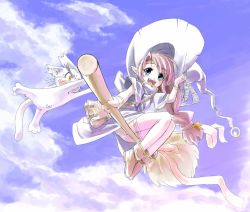Rule 34 | 1girl, broom, broom riding, cat, long hair, panties, pink hair, sidesaddle, solo, tomomimi shimon, underwear, witch
