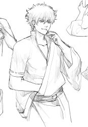 Rule 34 | 1boy, :t, closed mouth, collarbone, cowboy shot, gintama, godzillapigeon1, greyscale, hair between eyes, hand up, highres, japanese clothes, kimono, long sleeves, male focus, monochrome, mouth hold, off shoulder, pectoral cleavage, pectorals, ribbon-trimmed sleeves, ribbon trim, sakata gintoki, sash, shirt, short hair, short sleeves, sidelocks, simple background, sketch, solo, stalk in mouth, standing, white background, wide sleeves