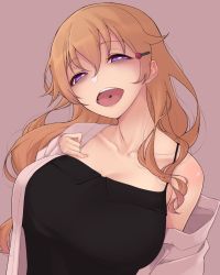 Rule 34 | 1girl, :d, bags under eyes, black shirt, breasts, fingernails, hair ornament, hairclip, half-closed eyes, hand on own chest, head tilt, highres, jacket, konoe kanata, large breasts, lbud, long hair, looking at viewer, love live!, love live! nijigasaki high school idol club, nasuno (nasuno42), off shoulder, open clothes, open jacket, open mouth, piercing, pink background, pink jacket, purple eyes, shirt, simple background, smile, solo, teeth, tongue piercing, upper teeth only