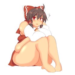 Rule 34 | 1girl, ^^^, ahoge, ass, bad anatomy, bad feet, bare shoulders, blush, bow, brown hair, crossed arms, d:, detached sleeves, fat, fat rolls, hair bow, hair tubes, hakurei reimu, highres, legs, long hair, looking at viewer, nengorogoro, obese, open mouth, poorly drawn, red eyes, shy, sitting, skirt, solo, thick arms, thick thighs, thighs, touhou, undersized clothes, upskirt