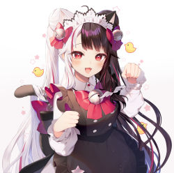 Rule 34 | 1girl, :d, ahoge, animal ears, apron, bell, black apron, black dress, black hair, blush, bow, bowtie, breasts, cat ears, cat girl, cat tail, commentary request, double bun, dress, fangs, hair bun, jingle bell, long hair, long sleeves, looking at viewer, maid, maid headdress, medium breasts, momoshiki tsubaki, multicolored hair, nijisanji, open mouth, paw pose, red bow, red bowtie, red eyes, red hair, silver hair, simple background, smile, solo, split-color hair, star (symbol), streaked hair, tail, upper body, very long hair, virtual youtuber, white background, white headwear, yorumi rena, yorumi rena (5th costume)