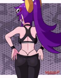 Rule 34 | 1girl, ahoge, animated, animated gif, ass, ass focus, back, backboob, breasts, downpants, from behind, hair ornament, jewelry, large breasts, long hair, looping animation, original, panties, pants, purple hair, sarukaiwolf, shiny skin, sidelocks, skull hair ornament, solo, sports bra, thighs, thong, tight clothes, tight pants, underwear, violentine (sarukaiwolf), whale tail (clothing), yoga pants