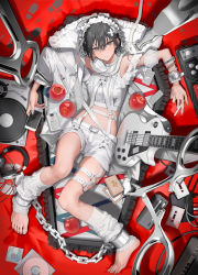Rule 34 | 1girl, @ @, apple, bandaid, barefoot, black hair, breasts, broken screen, cable, cassette tape, cellphone, chain, cigarette, cigarette pack, coffin, commentary, feet, food, footprints, frills, fruit, guitar, hair between eyes, hairband, headphones, highres, holding, holding cigarette, holding phone, instrument, leg warmers, lolita hairband, looking at viewer, lowro (en), lying, mask, mask around one ear, mouth mask, nail polish, noose, on back, original, parted lips, phone, pill, rope, short hair, shorts, sleeveless, small breasts, solo, speaker, sweat, symbol-only commentary, syringe, thigh strap, thighs, white shorts
