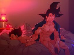 Rule 34 | 2boys, abs, bara, bare pectorals, completely nude, convenient leg, couple, dragon ball, dragonball z, feet out of frame, full body, happy, holding hands, interlocked fingers, lamp, lying, male focus, multiple boys, muscular, muscular male, naked shirt, navel, nipples, nude, on bed, on stomach, pectorals, receding hairline, shirt, shirt on shoulders, short hair, sideburns, sitting, sleeping, smile, son goku, spiked hair, stomach, supobi, thick eyebrows, thick thighs, thighs, vegeta, yaoi