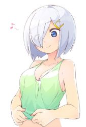 Rule 34 | 10s, 1girl, bare shoulders, blue eyes, breasts, cleavage, crop top, eyes visible through hair, hair ornament, hair over one eye, hairclip, hamakaze (kancolle), kantai collection, looking down, magenta (atyana), medium breasts, musical note, shirt tug, short hair, silver hair, simple background, smile, solo, spoken musical note, tank top, upper body, white background