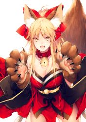 Rule 34 | 1girl, alternate color, animal ear fluff, animal ears, animal hands, bare shoulders, bell, blonde hair, bow, breasts, collar, cosplay, cowboy shot, detached sleeves, fang, fate (series), fox ears, fox tail, genderswap, genderswap (mtf), gloves, hair bow, izumi kouhei, japanese clothes, jingle bell, kimono, large breasts, long hair, looking at viewer, neck bell, obi, open mouth, paw gloves, pepper fever, ponytail, red bow, red kimono, sash, sidelocks, simple background, solo, tail, tamamo (fate), tamamo cat (first ascension) (fate), tamamo no mae (fate/extra), tamamo no mae (fate/extra) (cosplay), white background, world trigger, yellow eyes