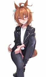 Rule 34 | 1girl, agnes tachyon (umamusume), ahoge, alternate costume, animal ears, black footwear, black jacket, black pants, blush, brown hair, chemical structure, clenched hand, commentary request, earrings, foot out of frame, horse ears, horse girl, horse tail, jacket, jewelry, knee up, long sleeves, looking at viewer, messy hair, open clothes, open jacket, pants, peperoncino-sama, red eyes, shirt, simple background, single earring, smile, solo, tail, umamusume, white background, white shirt