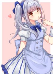 Rule 34 | 1girl, alternate costume, apron, artist request, bad id, bad twitter id, blue apron, blue bow, blue bowtie, blue ribbon, bow, bowtie, brown eyes, enmaided, finger to mouth, hair ribbon, head tilt, heart, highres, kantai collection, kasumi (kancolle), long hair, looking at viewer, maid, maid apron, pink background, ribbon, short sleeves, side ponytail, silver hair, simple background, solo