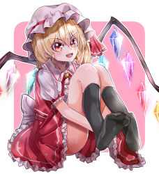 Rule 34 | 1girl, absurdres, back bow, black socks, blonde hair, blouse, bow, collared shirt, commentary request, crystal, flandre scarlet, frilled shirt collar, frilled skirt, frilled sleeves, frills, full body, hair between eyes, hat, hat ribbon, head tilt, highres, hugging own legs, kneehighs, looking at viewer, mahoro (minase mahoro), medium hair, mob cap, multicolored wings, no panties, no shoes, open mouth, orange eyes, pink background, puffy short sleeves, puffy sleeves, red ribbon, red skirt, red vest, ribbon, shirt, short sleeves, side ponytail, simple background, skirt, skirt set, socks, solo, teeth, touhou, upper teeth only, v-shaped eyebrows, vest, white bow, white hat, white shirt, wings