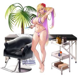 Rule 34 | 1girl, anklet, areola slip, arm behind head, armpits, barber chair, barefoot, bikini, blonde hair, boryeon (last origin), breasts, cameltoe, cleavage, cleft of venus, colored inner hair, earrings, flower, flower necklace, full body, game cg, gyaru, hair between eyes, hair flower, hair ornament, halterneck, hibiscus, highres, huge breasts, jewelry, kirome (kamipaper), kogal, last origin, lei, long hair, looking at viewer, massage table, mole, mole on breast, multicolored hair, multicolored nails, nail polish, navel, necklace, official art, purple bikini, purple hair, razor blade, scissors, simple background, smile, solo, sweat, swimsuit, tachi-e, very long hair, white background
