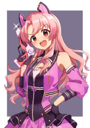 Rule 34 | 1girl, animal ears, bare shoulders, black gloves, blush, border, breasts, cleavage, cropped jacket, detached sleeves, dot nose, fake animal ears, glint, gloves, grey background, gun, hand on own hip, hand up, highres, holding, holding gun, holding weapon, idolmaster, idolmaster million live!, idolmaster million live! theater days, jacket, long hair, looking at viewer, medium breasts, neck ribbon, official alternate hair color, open clothes, open jacket, open mouth, outside border, pink hair, pink jacket, pink sleeves, red eyes, ribbon, simple background, sleeveless, sleeveless jacket, smile, solo, takayama sayoko, teeth, twitter username, two-tone dress, upper teeth only, usagichama, v-shaped eyebrows, weapon, white border, white ribbon, zipper, zipper pull tab