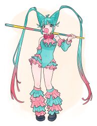 1girl absurdres alternate_hairstyle arm_tattoo bare_shoulders black_footwear blue_eyes blue_hair blue_leotard blunt_bangs bow bowtie chewing_gum cone_hair_bun doodlelotl eyelashes frills hair_bun hatsune_miku highres holding holding_weapon leg_warmers leotard looking_at_viewer multicolored_hair pink_bow pink_bowtie pink_hair simple_background solo tattoo thighs twintails two-tone_hair vocaloid weapon white_background