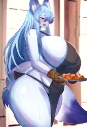 Rule 34 | 1girl, absurdres, animal ears, apron, ass, black apron, blue eyes, blue hair, blurry, blurry background, blush, breasts, cowboy shot, curvy, female focus, fox ears, fox girl, fox tail, furry, furry female, hair between eyes, highres, holding, holding plate, huge breasts, kyuuri, large tail, naked apron, open mouth, original, plate, sideboob, solo, standing, sweat, tail, thick thighs, thighs, wide hips, window