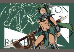 Rule 34 | 1girl, abs, breasts, fang, genderswap, genderswap (mtf), green hair, headgear, highres, league of legends, loincloth, long hair, looking at viewer, medium breasts, midriff, nam (valckiry), ponytail, renekton, solo, torn clothes, underboob, weapon, wrist guards, yellow eyes