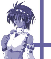 Rule 34 | 1girl, annet myer, bare shoulders, blue theme, dark-skinned female, dark skin, detached sleeves, el viento, hairband, hiviki n&#039;alchemy, jewelry, looking at viewer, midriff, monochrome, navel, pendant, sega, simple background, smile, solo, spiked hair, two-tone background, upper body, white background, wolfteam