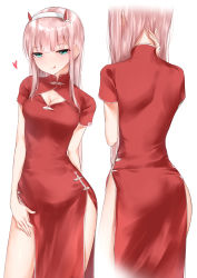 Rule 34 | 10s, 1girl, :q, alternate costume, aqua eyes, ass, bad id, bad pixiv id, blunt bangs, blush, breasts, chinese clothes, cleavage, cleavage cutout, closed eyes, clothing cutout, contrapposto, darling in the franxx, dress, from behind, hairband, heart, highres, kanju, looking at viewer, medium breasts, multiple views, nape, naughty face, pink hair, red dress, short sleeves, side slit, smile, standing, thighs, tongue, tongue out, tsurime, white hairband, zero two (darling in the franxx)