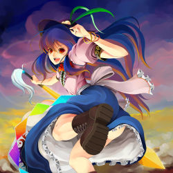 Rule 34 | 1girl, :d, adjusting clothes, adjusting headwear, apron, ass, bad id, bad pixiv id, blue hair, blush, boots, bow, bowtie, bracelet, cloud, cross-laced footwear, dress, feathers, female focus, food, frills, from behind, fruit, gradient hair, happy, hat, highres, hinanawi tenshi, jewelry, kneepits, lace-up boots, leg up, long hair, looking back, mine (wizard), multicolored hair, open mouth, orange hair, peach, purple hair, red eyes, smile, solo, sword, sword of hisou, tassel, touhou, very long hair, weapon