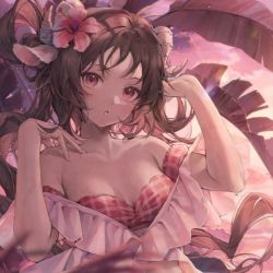 Rule 34 | 1girl, animal ears, arknights, bikini, breasts, commentary, douya (233), evening, eyjafjalla (arknights), eyjafjalla (summer flower) (arknights), flower, hair flower, hair ornament, hibiscus, horns, long hair, looking at viewer, medium breasts, multicolored hair, off-shoulder bikini, off shoulder, official alternate costume, outdoors, parted lips, pink bikini, pink eyes, pink flower, pink hair, plaid, plaid bikini, plant, sheep ears, sheep girl, sheep horns, solo, swimsuit, symbol-only commentary, upper body, very long hair, wet, wet hair