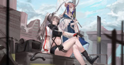 Rule 34 | 2girls, :d, animal ear fluff, animal ears, arknights, arrow (projectile), bag, bare legs, belt, black footwear, black scarf, black shorts, blazpu, blue dress, blue sky, blunt bangs, boots, breasts, brown eyes, building, cat ears, ceylon (arknights), crop top, day, double bun, dress, duffel bag, feather hair, feet out of frame, female focus, grey hair, hair bun, hand on own knee, hat, holding, holding umbrella, jacket, knee boots, large breasts, long hair, long sleeves, looking at viewer, multiple girls, navel, open clothes, open jacket, open mouth, outdoors, parted lips, pink hair, ponytail, pouch, quiver, ruins, scarf, schwarz (arknights), short shorts, shorts, sitting, sky, smile, standing, thigh pouch, thigh strap, transparent, transparent umbrella, umbrella, white headwear, white jacket, yellow eyes