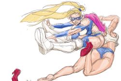 Rule 34 | 1990s (style), 2girls, ass, attack, blonde hair, blue shorts, diepod, final fight, high heels, hip attack, leotard, long hair, mask, multiple girls, pink hair, poison (final fight), rainbow mika, red footwear, retro artstyle, shoes, short shorts, shorts, single shoe, sketch, street fighter, street fighter zero (series), twintails, wrestling mask, wrestling outfit