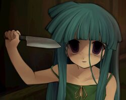 Rule 34 | 1girl, aqua hair, arm at side, arm up, bare shoulders, blue hair, blunt bangs, collarbone, crazy, dark, dress, empty eyes, furude rika, green dress, hand on wall, highres, higurashi no naku koro ni, hime cut, holding, holding knife, holding weapon, imminent death, imminent suicide, indoors, kitchen knife, knife, long hair, looking at viewer, medium bangs, parted lips, purple eyes, ribbon, scene reference, shaded face, sidelocks, sleeveless, sleeveless dress, smile, solo, spaghetti strap, strap slip, uee m, upper body, weapon, yellow ribbon