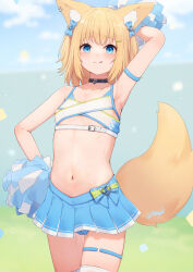 1girl :q absurdres animal_ears armpits black_choker blonde_hair blue_eyes blue_skirt blush cheerleader choker flat_chest fox_ears fox_girl fox_tail hair_ornament hairclip highres hinata_(user_rjkt4745) holding holding_pom_poms looking_at_viewer navel original pom_pom_(cheerleading) pom_poms short_hair skirt solo standing tail tongue tongue_out twitter_username