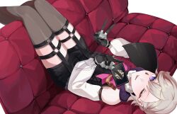 Rule 34 | 1boy, androgynous, bare shoulders, between fingers, black gloves, black shorts, bow, bowtie, chobonu, collar, couch, detached sleeves, eyelashes, feet out of frame, frilled collar, frills, from above, garter straps, genshin impact, gloves, grey hair, highres, holding, long sleeves, looking at viewer, lying, lyney (genshin impact), male focus, on back, on couch, one eye closed, parted bangs, pink bow, pink bowtie, purple eyes, short shorts, shorts, solo, tongue, tongue out, v, white sleeves