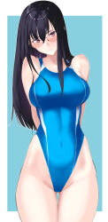 Rule 34 | 1girl, arms behind back, black hair, blue background, blue one-piece swimsuit, blush, border, breasts, brown eyes, commentary request, competition swimsuit, covered navel, cowboy shot, curvy, din (raiden), glasses, gluteal fold, highleg, highleg swimsuit, highres, large breasts, long hair, nose blush, one-piece swimsuit, original, solo, swimsuit, thigh gap, two-tone background, two-tone swimsuit, very long hair, white border, wide hips