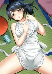 Rule 34 | 10s, 1girl, :o, apron, bare shoulders, black hair, blush, bottle, breasts, collarbone, frilled apron, frills, from above, hand on own chest, heart, houshou (kancolle), kantai collection, large breasts, long hair, looking at viewer, lying, mature female, naked apron, on back, open mouth, pillow, ponytail, shibata rai, short hair, solo, spread legs, water