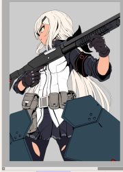 Rule 34 | 1girl, armor, belt, belt buckle, belt pouch, black gloves, blue skirt, breasts, buckle, commentary request, cowboy shot, dark-skinned female, dark skin, eyebrows, girls&#039; frontline, gloves, gun, hair between eyes, hair ornament, hair ribbon, hairclip, holding, holding weapon, long hair, looking to the side, low ponytail, m590 (girls&#039; frontline), medium breasts, mossberg 590, pantyhose, pleated skirt, pouch, pump action, ribbon, shield module, shotgun, shotgun shell, simple background, skirt, sleeves past elbows, solo, stomach, striped clothes, striped skirt, thigh gap, torn clothes, torn pantyhose, trigger discipline, vertical forward grip, very long hair, weapon, white hair, yaruku, yellow eyes