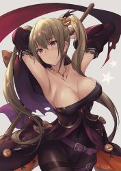 Rule 34 | 1girl, alternate costume, armpits, arms behind head, arms up, azur lane, bat hair ornament, belt, black detached sleeves, black dress, black leotard, black pantyhose, blonde hair, blush, breasts, broom, buckle, cape, cleavage, closed mouth, collarbone, commentary request, cowboy shot, detached sleeves, dress, embarrassed, female focus, food-themed hair ornament, gem, hair ornament, halloween, halloween costume, hat, unworn hat, unworn headwear, holding, holding broom, holding clothes, holding hat, jack-o&#039;-lantern, jewelry, large breasts, leotard, long hair, looking at viewer, neck, necklace, nelson (azur lane), nelson (luna witch) (azur lane), pantyhose, parfaitlate, potion, pumpkin hair ornament, purple leotard, red eyes, red gemstone, sidelocks, signature, simple background, solo, strapless, strapless dress, strapless leotard, thigh strap, thighband pantyhose, twintails, very long hair, white background, wide sleeves, witch, witch hat