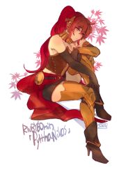 Rule 34 | 1girl, armor, breasts, character name, circlet, commentary, copyright name, elbow gloves, full body, gloves, green eyes, high heels, medium breasts, miniskirt, ponytail, pyrrha nikos, red hair, rwby, simple background, skirt, solo, sora (efr), watermark, white background