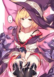 Rule 34 | ..., 1girl, arms between legs, black bra, black thighhighs, blonde hair, blush, bra, breasts, cleavage, closed mouth, collarbone, commentary request, djeeta (granblue fantasy), gloves, granblue fantasy, hat, heart, highres, homaderi, looking at viewer, medium breasts, pink background, smile, solo, spoken ellipsis, spoken heart, thighhighs, underwear, warlock (granblue fantasy), white gloves, witch hat, yellow eyes