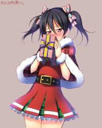 Rule 34 | 10s, 1girl, belt, black hair, blush, box, capelet, dated, gift, gift box, hair ribbon, highres, love live!, love live! school idol project, pink eyes, ribbon, short hair, simple background, solo, twintails, yazawa nico, yu-ta