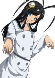 Rule 34 | 1boy, androgynous, anime coloring, antenna hair, black hair, bleach, bleach: sennen kessen-hen, blue eyes, collarbone, dress, giselle gewelle, hat, long hair, long sleeves, looking at viewer, male focus, mini hat, namakemono (u446644k), parted lips, simple background, smile, solo, standing, wandenreich, white background, white dress