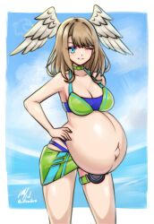 1girl aqua_eyes bare_arms bikini breasts brown_hair cleavage closed_mouth eunie_(xenoblade) hand_on_own_hip head_wings highres large_breasts long_hair navel one_eye_closed pregnant rotomdocs sarong smile solo swimsuit thigh_strap wings xenoblade_chronicles_(series) xenoblade_chronicles_3